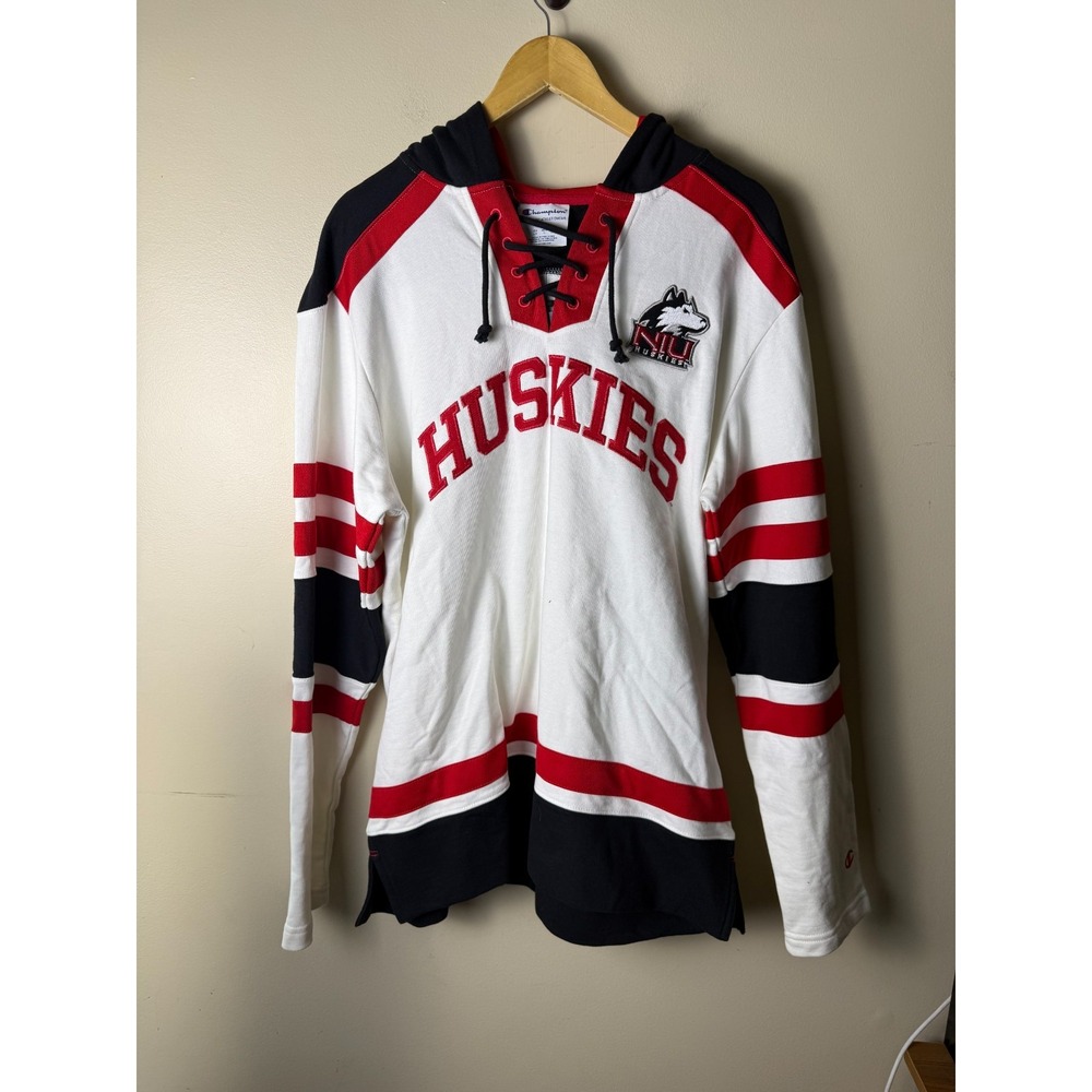 Champion NIU Huskies White Hockey Lace Up Hoodie Long Sleeve Mens L